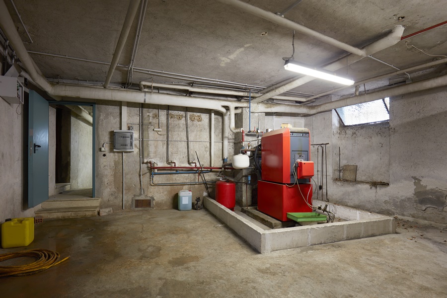 Sala técnica subterránea con caldera y ventilación reducida, caso que plantea el desafío de cómo puedo ventilar un espacio subterráneo con seguridad.
