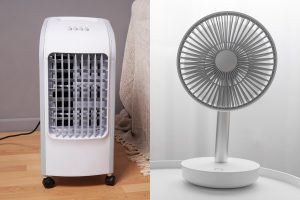 Comparativa visual entre climatizador y ventilador; a la izquierda, un climatizador evaporativo portátil, y a la derecha, un ventilador de sobremesa moderno.