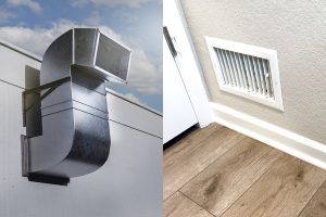 Comparativa entre rejillas de ventilación arriba o abajo, mostrando una instalación superior en fachada exterior y una rejilla inferior en pared interior de vivienda.